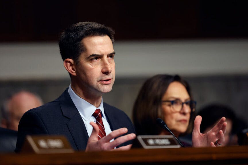 WASHINGTON, DC - JANUARY 14: U.S. Sen. Tom Cotton (R-AK) questions U.S. President-elect Donald Trump's nominee for Secretary of Defense Pete Hegseth during his Senate Armed Services confirmation hearing on Capitol Hill on January 14, 2025 in Washington, DC. Hegseth, an Army veteran and the former host of “FOX & Friends Weekend” on FOX News will be the first of the incoming Trump administration’s nominees to face questions from Senators. (Photo by Anna Moneymaker/Getty Images)