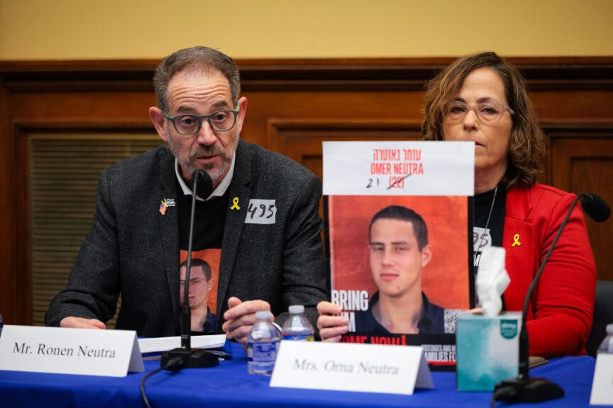 WASHINGTON, DC - FEBRUARY 12: Ronen Neutra and Orna Neutra speak about their son, Omer Neutra, who was killed by Hamas during a roundtable discussion with the House Foreign Affairs Committee in the Rayburn House Office Building on February 12, 2025 in Washington, DC. Three more hostages were released on Feb. 8 as part of a ceasefire deal between Hamas and Israel. (Photo by Kayla Bartkowski/Getty Images)