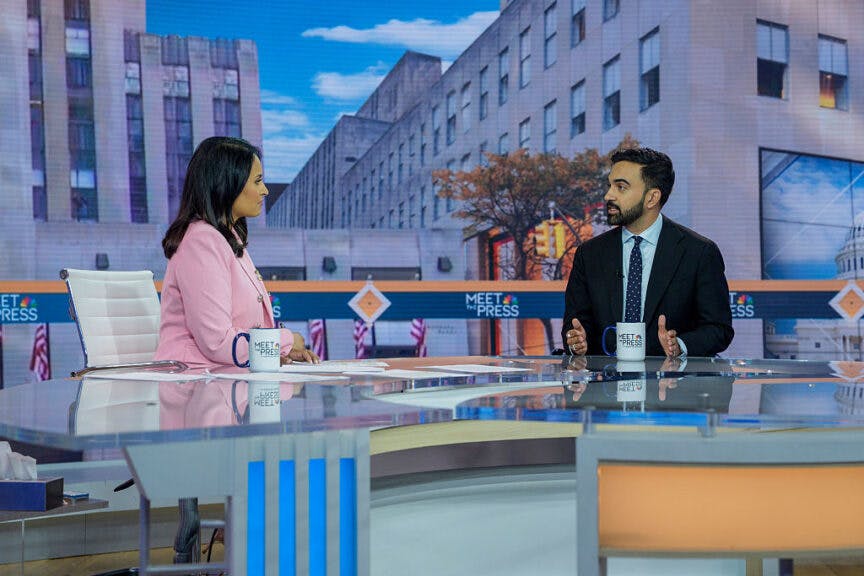 MEET THE PRESS -- Pictured: (l-r) Kristen Welker, Moderator; Zohran Mamdani, New York City Mayoral Candidate appear on "Meet The Press" in New York, NY, Sunday, June 29, 2025 -- (Photo by: Peter Kramer/NBC via Getty Images)