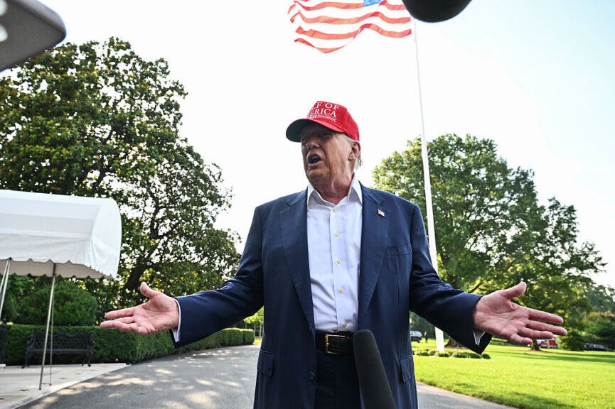 President Donald Trump speaks to the media before boarding Marine One outside the White House on July 1, 2025 in Washington, D.C. (Photo by Ricky Carioti/The Washington Post via Getty Images)