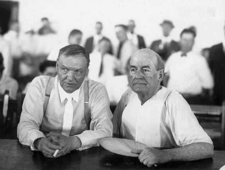 (Original Caption) Clarence Seward Darrow (1857-1938), prominent American lawyer (L), defended John Scopes (1925) who was charged with violating state law forbidding teaching of evolution in public school system. Seated with William Jennings Bryan (R). BPA 2 #2823