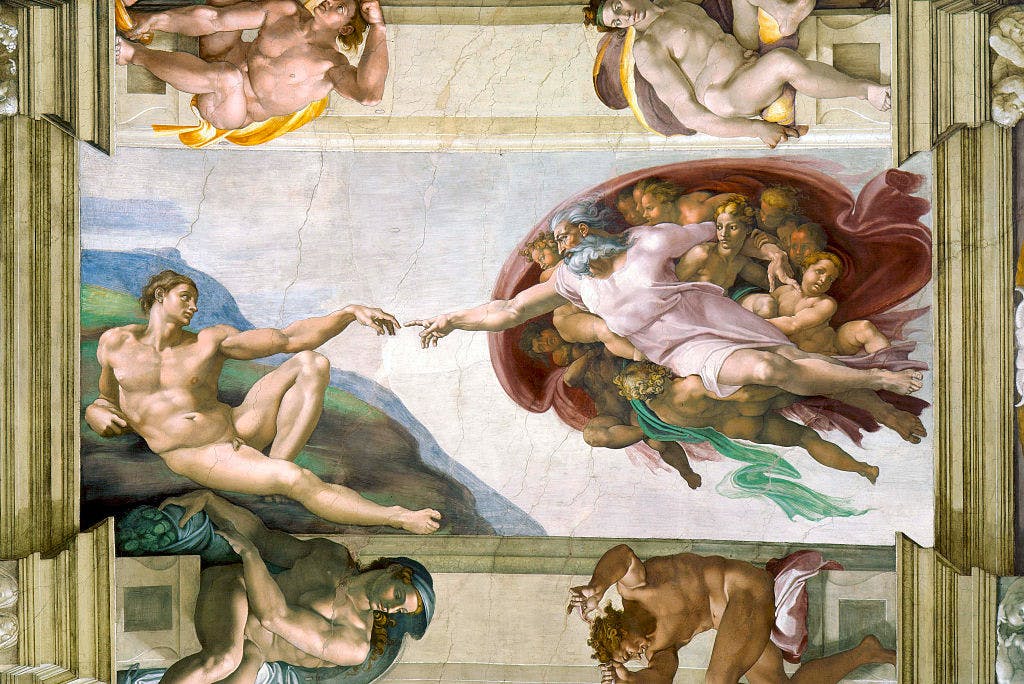 The Creation of Adam from the Sistine Chapel ceiling by Michelangelo Buonarroti (Italian, 1475 - 1564); fresco, 1508 - 12.