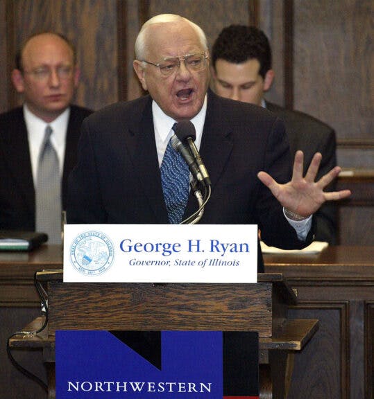 CHICAGO - JANUARY 11: Illinois Governor George Ryan gestures as he speaks at Northwestern University School of Law January 11, 2003 in Chicago, Illinois. Ryan issued a blanket commutation to the 156 inmates on Illinois' death row, reducing most sentences to life without parole. (Photo by Tim Boyle/Getty Images)