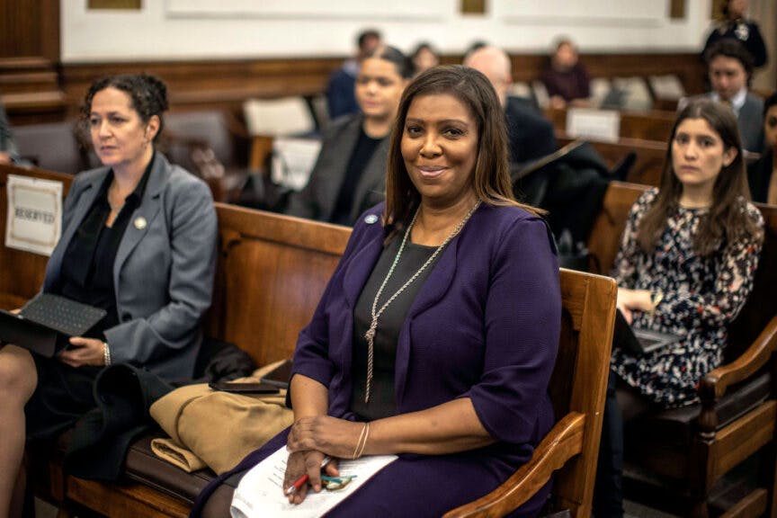New York Attorney General Letitia James sits in the courtroom during the civil fraud trial of former President Donald Trump and his children at New York State Supreme Court on November 03, 2023 in New York City.