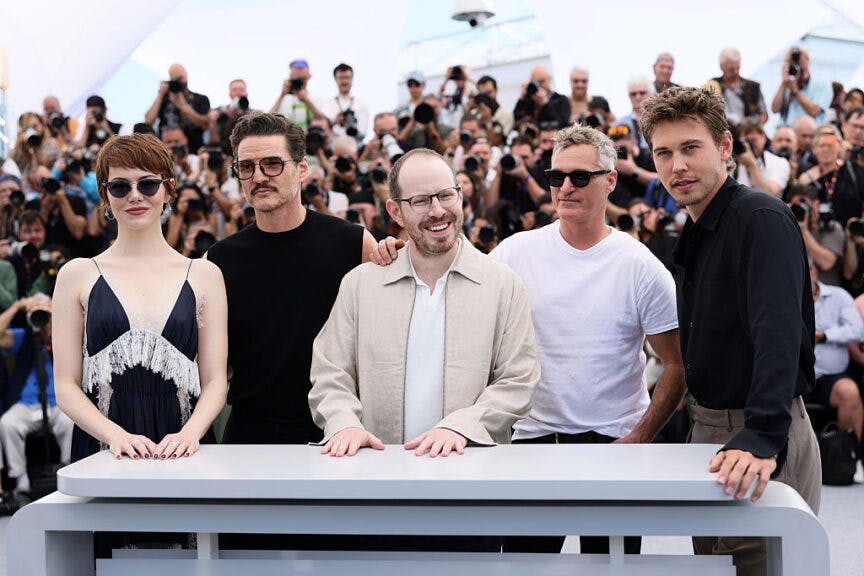 CANNES, FRANCE - MAY 17: (L-R) Emma Stone, Pedro Pascal, Ari Aster, Joaquin Phoenix and Austin Butler pose during the "Eddington" photocall at the 78th annual Cannes Film Festival at Palais des Festivals on May 17, 2025 in Cannes, France. (Photo by Andreas Rentz/Getty Images)