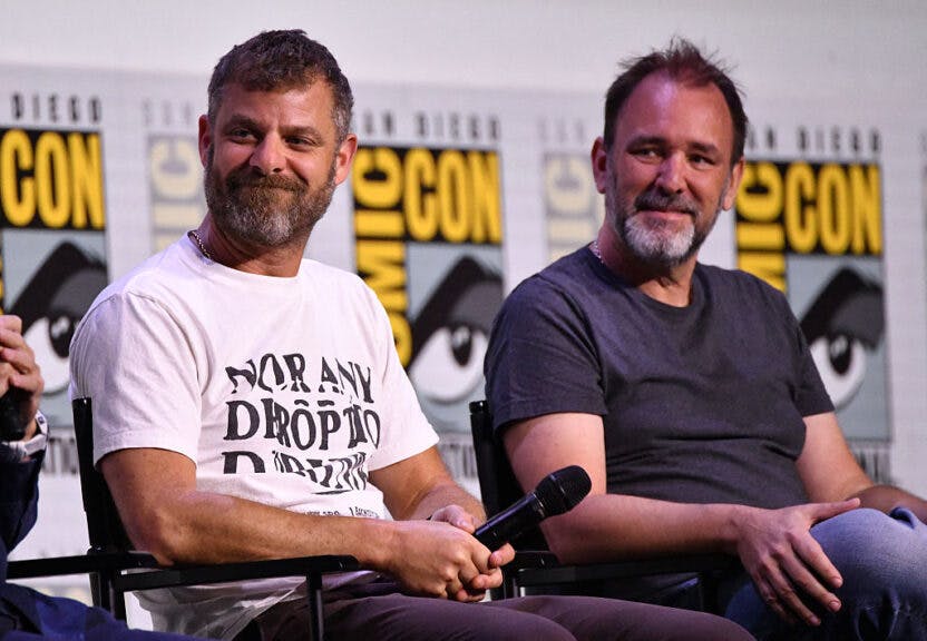 US animators Matt Stone (L) and Trey Parker attend the Comedy Central Adult Animation: "South Park", "Beavis & Butt-Head", and "Digman" panel in Hall H of the convention center during Comic Con International in San Diego, California on July 24, 2025. (Photo by Chris DELMAS / AFP) (Photo by CHRIS DELMAS/AFP via Getty Images)