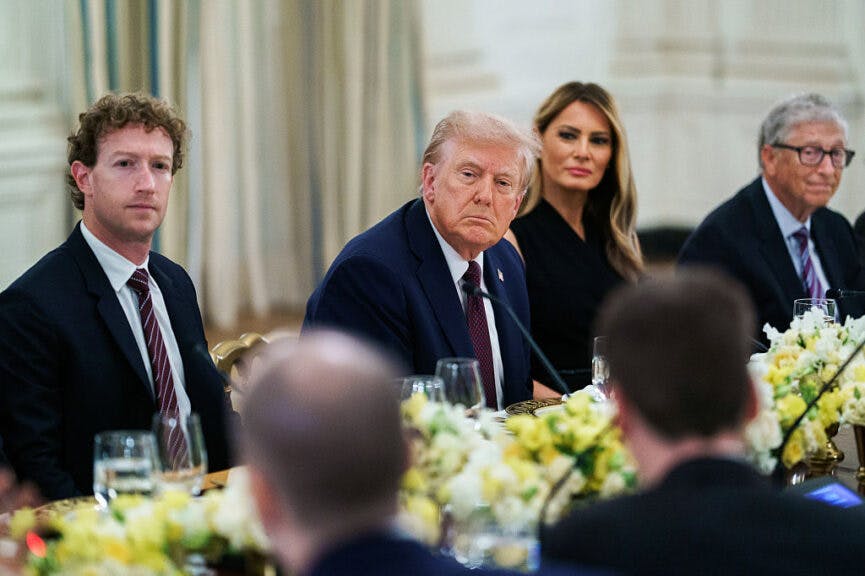 Mark Zuckerberg, chief executive officer of Meta Platforms Inc., from left, US President Donald Trump, First Lady Melania Trump, and Bill Gates, chair of the Gates Foundation, during a dinner with tech leaders in the State Dining Room of the White House in Washington, DC, US, on Thursday, Sept. 4, 2025. Trump said he would be imposing tariffs on semiconductor imports "very shortly" but spare goods from companies like Apple Inc. that have pledged to boost their US investments. Photographer: Will Oliver/EPA/Bloomberg via Getty Images