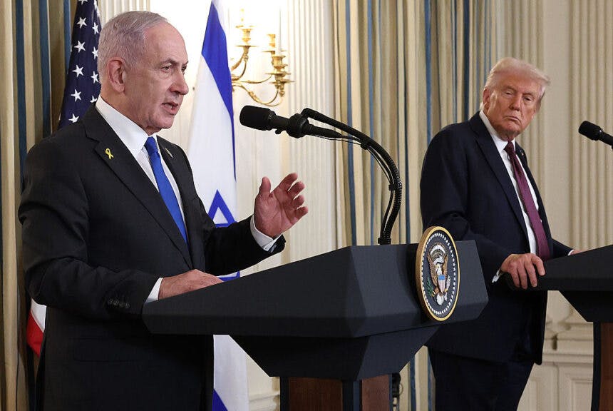 WASHINGTON, DC - SEPTEMBER 29: U.S. President Donald Trump (R) looks on as Israeli Prime Minister Benjamin Netanyahu delivers remarks during a joint news conference in the State Dining Room at the White House on September 29, 2025 in Washington, DC. President Trump welcomed Netanyahu for his fourth visit to the White House, where the two leaders met to discuss the latest U.S. backed plans to end the war in Gaza and secure the release of the remaining hostages held by Hamas. (Photo by Win McNamee/Getty Images)