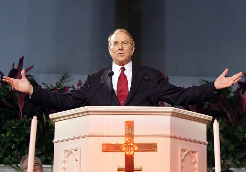 PHILADELPHIA - JANUARY 8: Dr. James C. Dobson, founder and chairman of Focus on the Family, gestures while speaking at the Justice Sunday III rally on January 8, 2006 in Philadelphia, Pennsylvania. Sponsored by the Family Research Council, the rally was held one day before the start of confirmation hearings for Supreme Court nominee Samuel Alito. (Photo by Jeff Fusco/Getty Images)