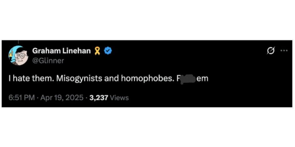 Credit: Graham Linehan/X. Substack: https://grahamlinehan.substack.com/p/i-just-got-arrested-again