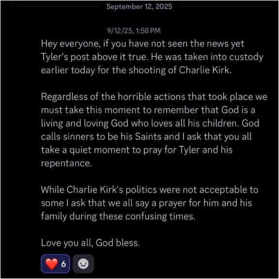 Screenshot: Ken Klippenstein/Substack. Screenshot of leaked Discord message from Tyler Robinson (username: zealous_monkey_55095; other usernames redacted) https://substack.com/@kenklippenstein/p-173772965