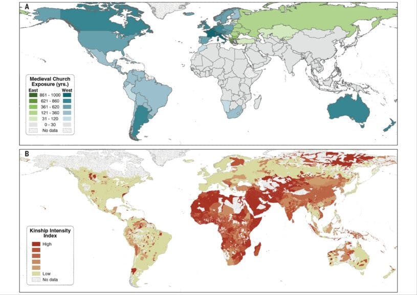 The Harvard Gazette. Church exposure and kinship intensity around the world. (A) Exposure to the Medieval Western (blue) and Eastern (green) Churches at the country level. (B) The Kinship Intensity Index for ethnolinguistic groups around the world.Source: “The Church, Intensive Kinship, and Global Psychological Variation,” Jonathan F. Schulz, Duman Bahrami-Rad, Jonathan P. Beauchamp, and Joseph Henrich
