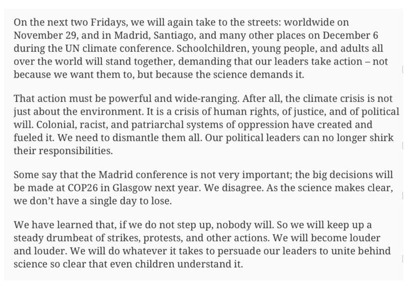 Why We Strike Again. Nov 29, 2019Greta Thunberg, Luisa Neubauer, and Angela Valenzuela. Project-Syndicate.org. https://www.project-syndicate.org/commentary/climate-strikes-un-conference-madrid-by-greta-thunberg-et-al-2019-11
