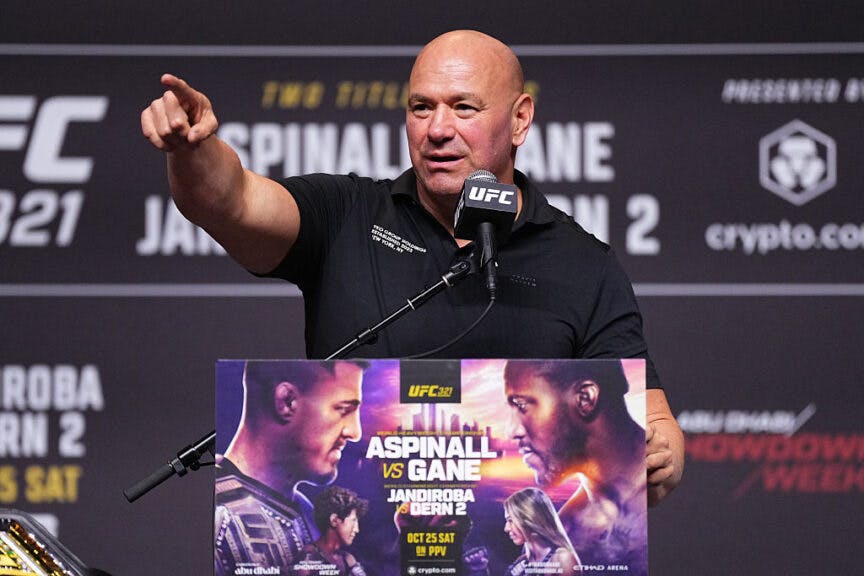 ABU DHABI, UNITED ARAB EMIRATES - OCTOBER 23: UFC President and CEO Dana White is seen on stage during the UFC 321 press conference at Etihad Arena on October 23, 2025 in Abu Dhabi, United Arab Emirates. (Photo by Jeff Bottari/Zuffa LLC)