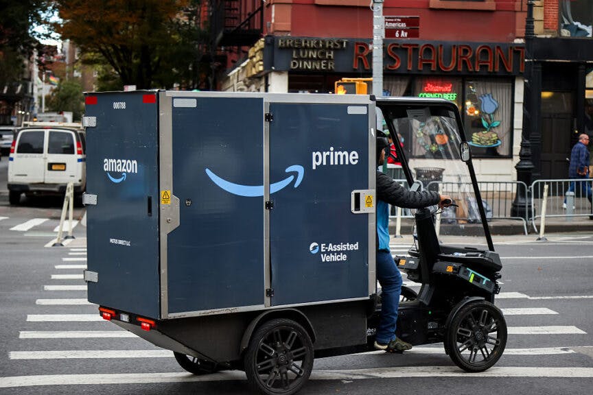 An Amazon Prime e-cargo delivery bike in New York, US, on Tuesday, Oct. 28, 2025. Amazon.com Inc. is expected to release earnings figures on October 30. Photographer: Michael Nagle/Bloomberg via Getty Images
