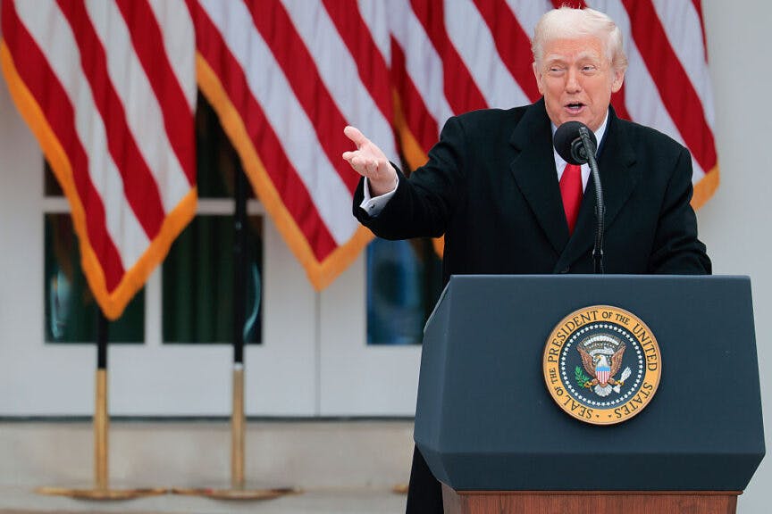 WASHINGTON, DC - NOVEMBER 25: U.S. President Donald Trump delivers remarks during the 78th annual National Thanksgiving Turkey Presentation in the Rose Garden of the White House on November 25, 2025 in Washington, DC. Trump will pardon Gobble and alternate turkey Waddle, who were both raised in North Carolina and will live out the rest of their lives under the care of the Prestage Department of Poultry Science at North Carolina State University in Raleigh. (Photo by Heather Diehl/Getty Images)
