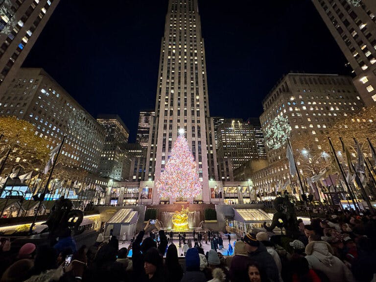 NEW YORK, NY - DECEMBER 04: Crowds gather for a look at a Christmas tree in Rockefeller Center on December 4, 2025 in New York City. The tree, which is an icon of New York City's holiday season, was lit up on the night of December 3 in midtown Manhattan. (Photo by Liao Pan/China News Service/VCG via Getty Images)