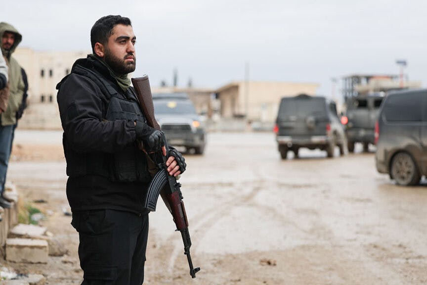 In Raqqa, Syria, on January 17, 2026, the Syrian Army secures dozens of towns and villages in the northeast countryside. This deployment comes after the withdrawal of Kurdish fighters from the Syrian Democratic Forces (SDF) under an agreement aimed at avoiding direct military confrontation. (Photo by Mohammad Daher/NurPhoto via Getty Images)