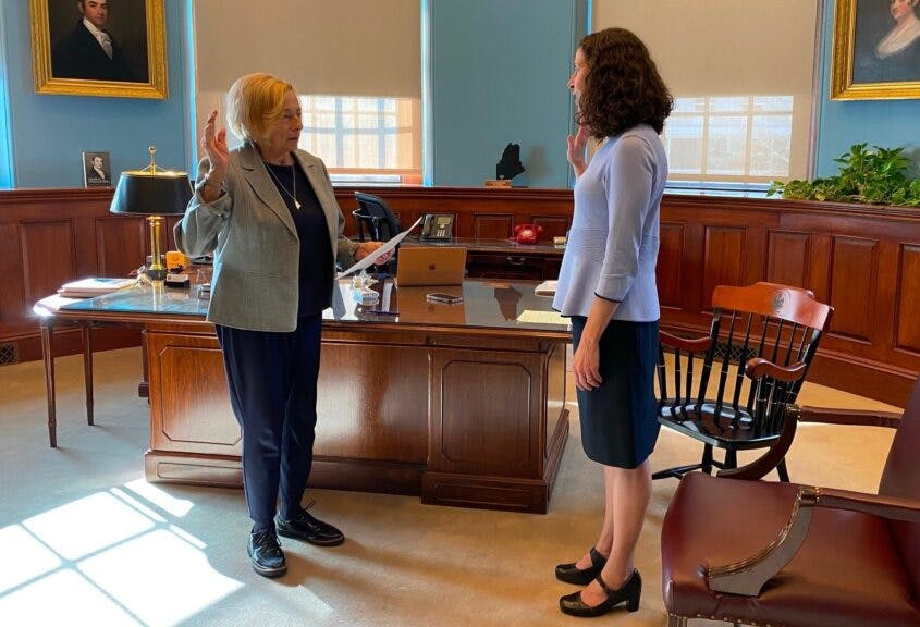 Maine Gov. Janet Mills (D) swears in DHHS Commissioner Sara Gagne-Holmes, Sept. 2024 (Photo: Facebook)