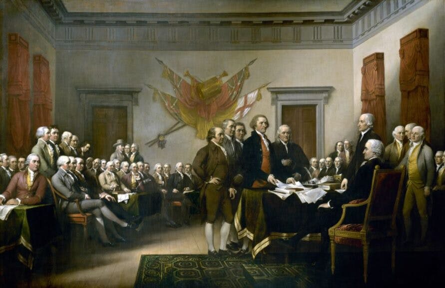 John Trumbull's oil painting, 'Declaration of Independence', 1818, depicting the five-man drafting committee of the Declaration of Independence presenting their work to the Congress, 28th June 1776. The committee are (left to right) John Adams, Roger Sherman, Robert R. Livingston, Thomas Jefferson and Benjamin Franklin. They are presenting the draft to Charles Thomson (standing) and John Hancock (seated). (Photo by Universal History Archive/Getty Images)