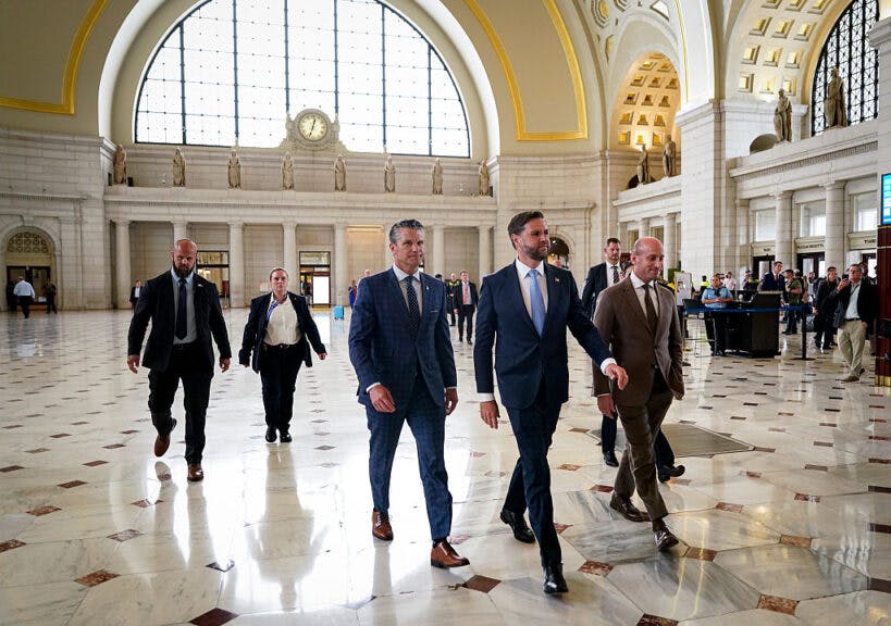 Defense Secretary Pete Hegseth (3rd L), Vice President JD Vance (C), and White House Deputy Chief of Staff Stephen Miller (R) arrive to meet with members of the National Guard during a visit to Union Station on August 20, 2025 in Washington, D.C. (Photo by Al Drago-Pool/Getty Images)