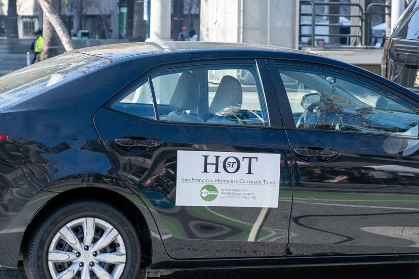 San Francisco Homeless Outreach Team vehicle with city department logo parked on urban street, San Francisco, California, February 5, 2026. (Photo by Smith Collection/Gado/Getty Images)