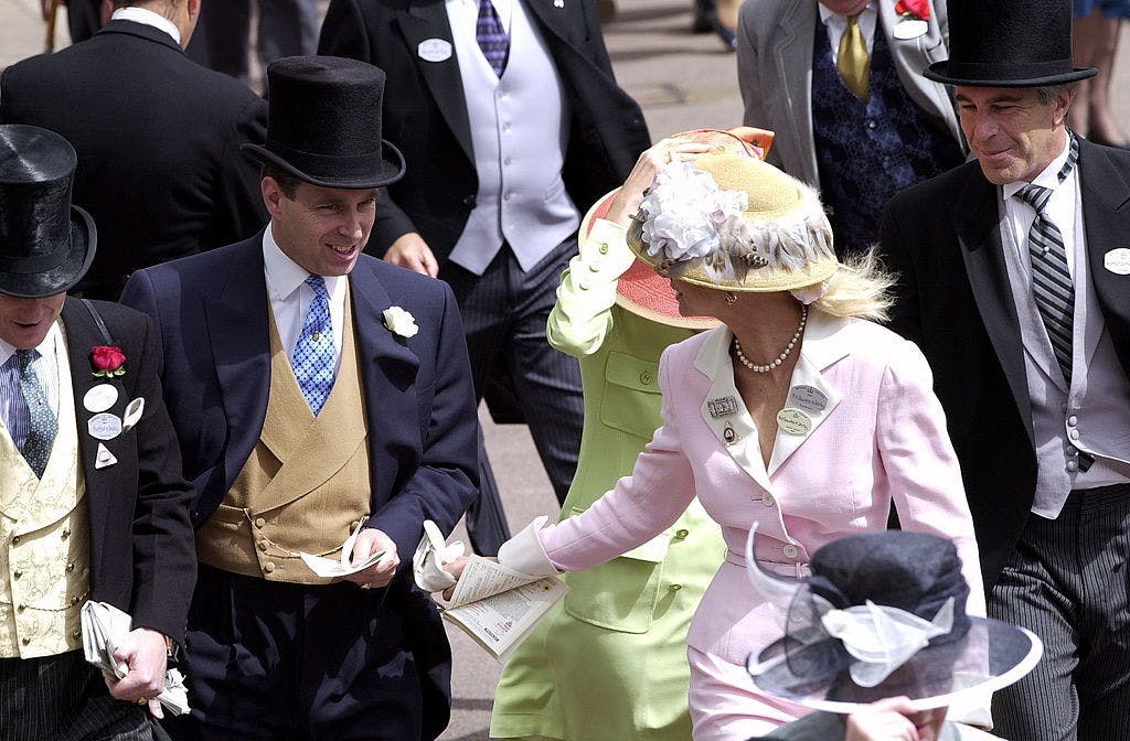 ASCOT, UNITED KINGDOM - JUNE 22: Royal Ascot Race Meeting Thursday - Ladies Day. Prince Andrew, The Duke Of York and Jeffrey Epstein (far right) At Ascot. With them are Edward (far left) and Caroline Stanley (in pink), the Earl and Countess of Derby. 