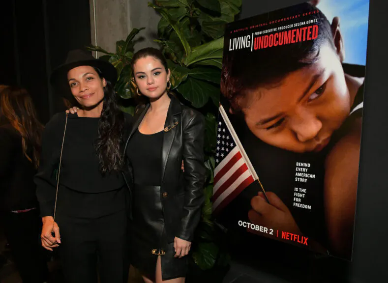 LOS ANGELES, CALIFORNIA - OCTOBER 02: Rosario Dawson (L) and Selena Gomez attend the LA Screening for Netflix Doc Series "Living Undocumented", produced by Selena Gomez at Netflix Offices on October 02, 2019 in Los Angeles, California. (Photo by Charley Gallay/Getty Images for Netflix)