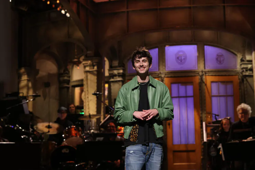 SATURDAY NIGHT LIVE -- Episode 1876 -- Pictured: Host and musical guest Timothée Chalamet during the monologue on Saturday, January 25, 2025 -- (Photo by: Will Heath/NBC via Getty Images)