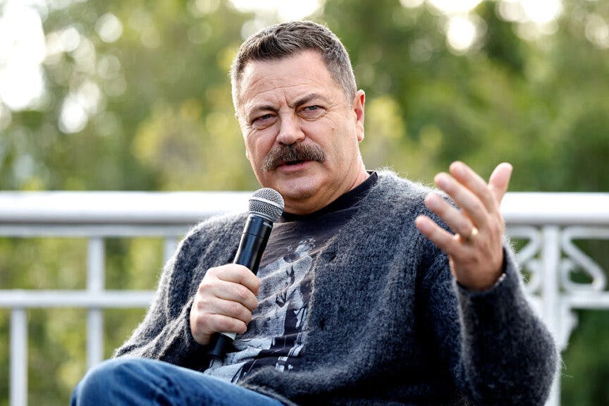 SYDNEY, AUSTRALIA - JUNE 12: Nick Offerman speaks during a press conference at Pier One Sydney Harbour on June 12, 2025 in Sydney, Australia. Offerman and Mullally will take the stage for, Unscripted and Unfiltered, to close out Vivid Sydney 2025. (Photo by Brendon Thorne/Getty Images)