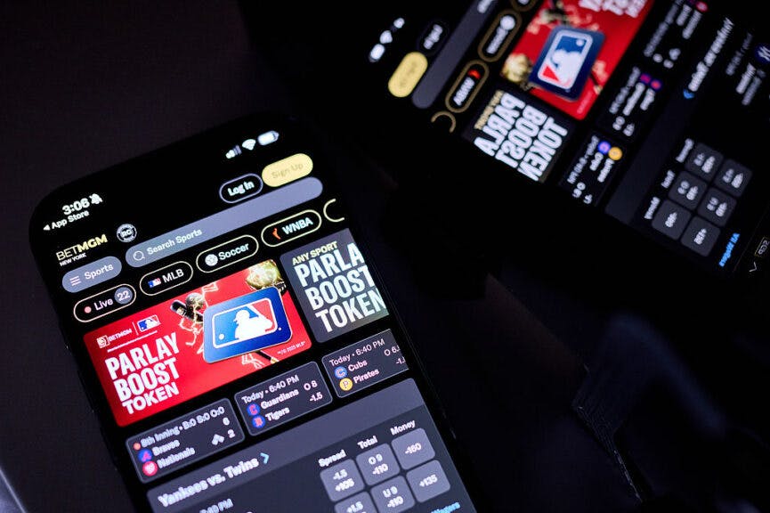 The BetMGM app arranged on a smartphone in New Hyde Park, New York, US, on Wednesday, Sept. 17, 2025. Online gambling has expanded rapidly in the US since 2018, when the Supreme Court freed states to legalize sports betting. Photographer: Gabby Jones/Bloomberg via Getty Images