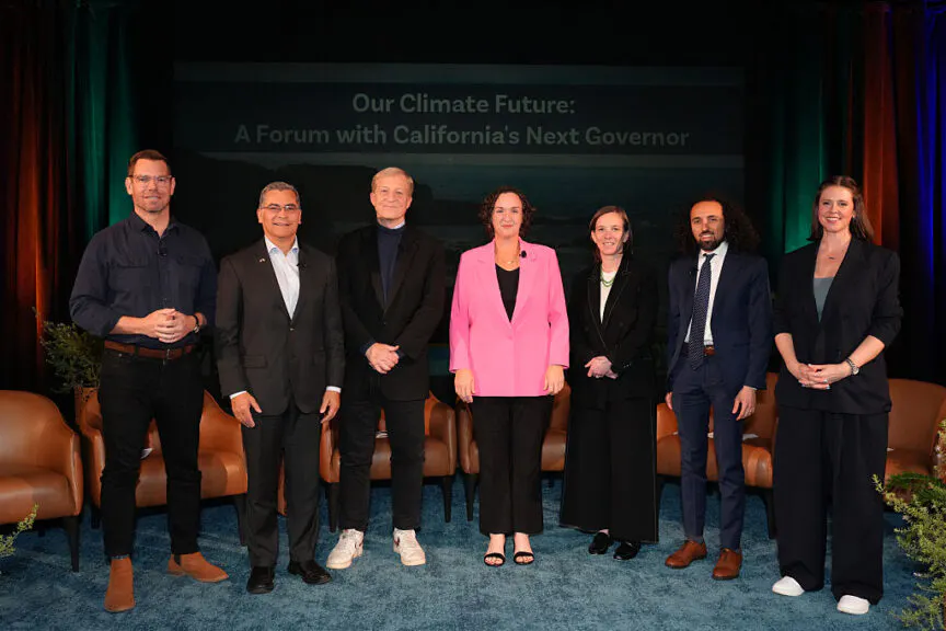 PASADENA, CALIFORNIA - JANUARY 28: (L-R) Eric Swalwell, Xavier Becerra, Tom Steyer, Katie Porter, Louise Bedsworth, Sammy Roth and Mary Creasman attend