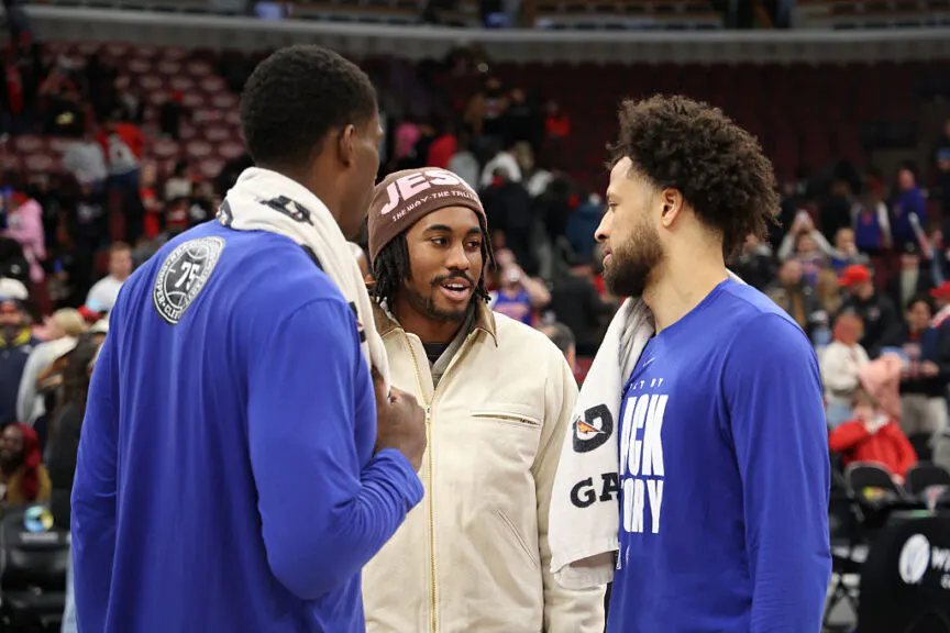 CHICAGO, ILLINOIS - FEBRUARY 21: Jalen Duren #0 and Cade Cunningham #2 of the Detroit Pistons talks to former teammate Jaden Ivey #31 of the Chicago Bulls after a game at the United Center on February 21, 2026 in Chicago, Illinois. NOTE TO USER: User expressly acknowledges and agrees that, by downloading and or using this photograph, User is consenting to the terms and conditions of the Getty Images License Agreement. (Photo by Jayden Mack/Getty Images)