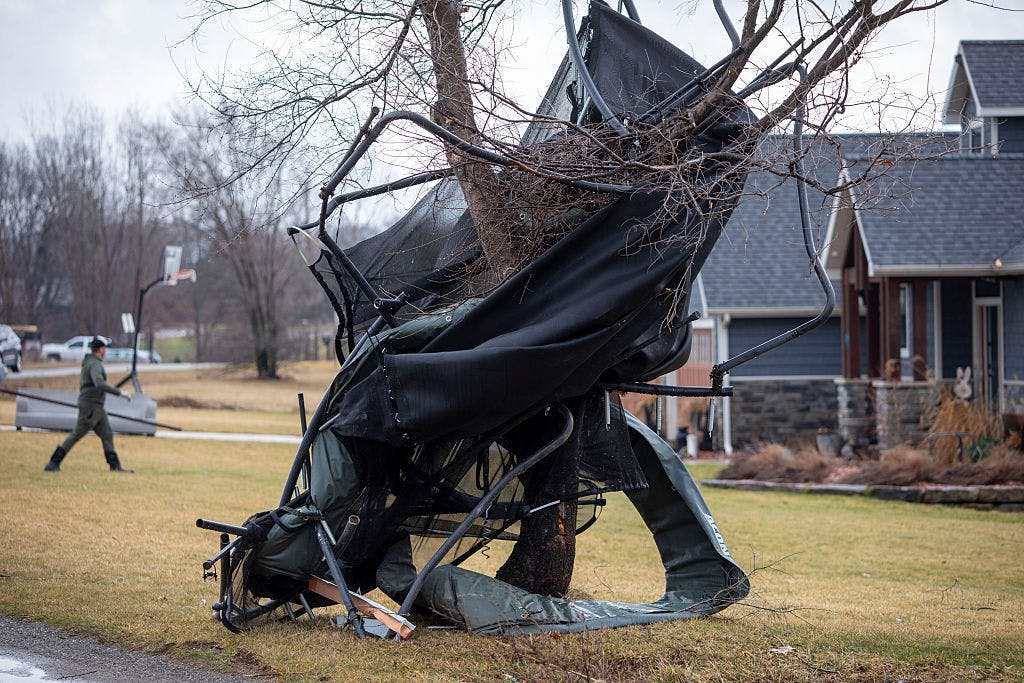 Debris is wrapped around a tree following a tornado that hit several cities in rural southwest Michigan on March 7, 2026 in Union City, Michigan.