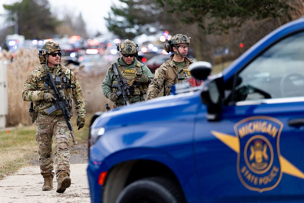 WEST BLOOMFIELD, MICHIGAN - MARCH 12: Law enforcement respond near Temple Israel following reports of an active shooter on March 12, 2026 in West Bloomfield, Michigan. According to authorities a suspect is dead after ramming a vehicle into the Detroit-area synagogue. Police continue to investigate as emergency personnel remained on the scene. (Photo by Emily Elconin/Getty Images)