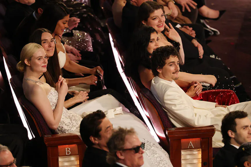 HOLLYWOOD, CALIFORNIA - MARCH 15: Elle Fanning, Kylie Jenner and Timothée Chalamet attend the 98th Oscars at Dolby Theatre on March 15, 2026 in Hollywood, California. (Photo by Kevin Winter/Getty Images)