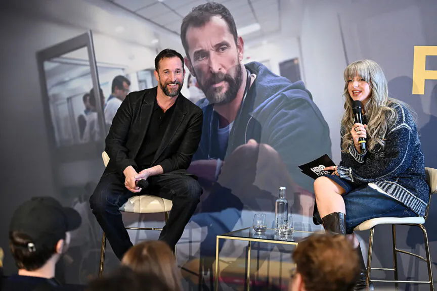 LONDON, ENGLAND - MARCH 25: Noah Wyle and Harriet Rose speak onstage during the Q&A for 'The Pitt' to celebrate the launch of HBO Max at Rosewood London on March 25, 2026 in London, England. (Photo by Jeff Spicer/Getty Images for HBO Max)
