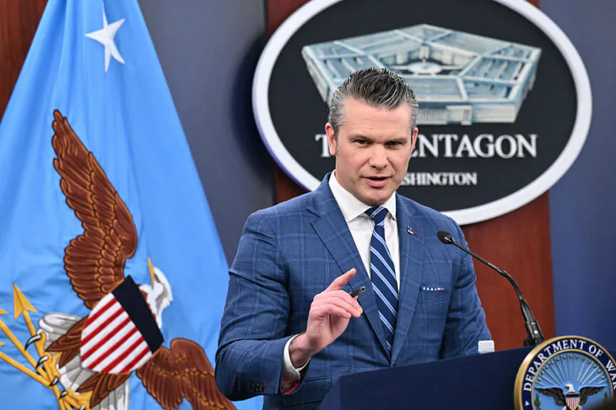 US Secretary of Defense Pete Hegseth speaks during a press briefing at the Pentagon in Washington, DC, on April 8, 2026. The United States and Iran agreed to a two-week ceasefire on April 7 barely an hour before President Donald Trump's deadline to obliterate the country, triggering global relief alongside apprehension. Tehran has agreed to temporarily reopen the Strait of Hormuz, through which much of the world's oil, gas and fertiliser passes, easing concerns for the battered global economy.