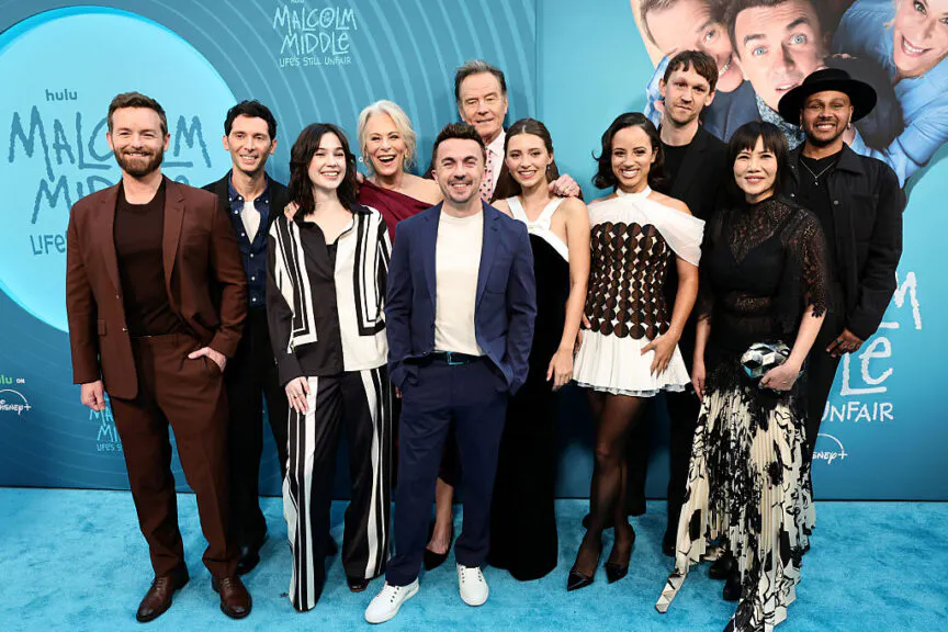NEW YORK, NEW YORK - APRIL 07: (L-R) Christopher Masterson, Justin Berfield, Vaughan Murrae, Jane Kaczmarek, Frankie Muniz, Bryan Cranston, Keeley Karsten, Kiana Madeira, Caleb Ellsworth-Clark, Emy Coligado and Craig Lamar Traylor attend Hulu's "Malcolm in The Middle: Life's Still Unfair" New York Premiere at DGA Theater on April 07, 2026 in New York City. (Photo by Theo Wargo/Getty Images)