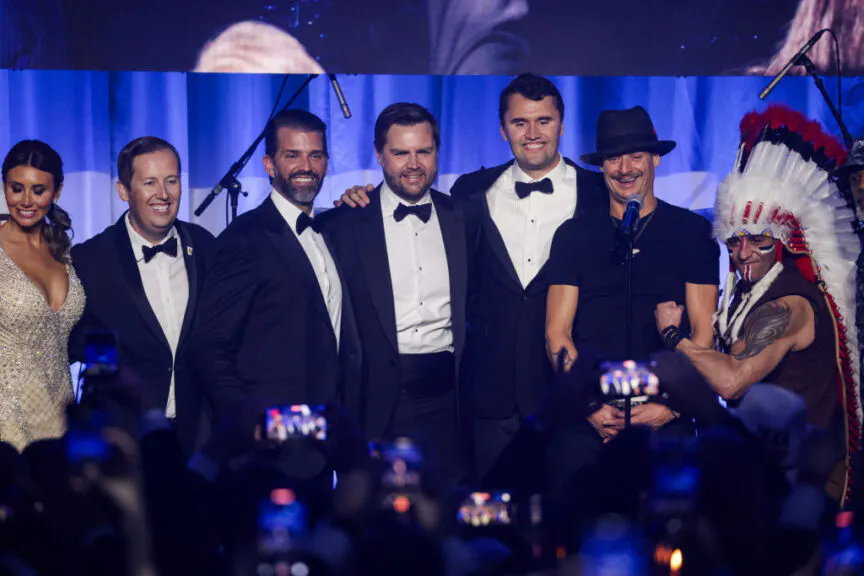Donald Trump Jr., then Vice President-elect JD Vance, and Charlie Kirk during the Turning Point USA Inaugural-Eve Ball.  (Photo by Samuel Corum/Getty Images)