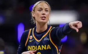 Sophie Cunningham #8 of the Indiana Fever points during the game against the Phoenix Mercury at Gainbridge Fieldhouse on June 22, 2026 in Indianapolis, Indiana.