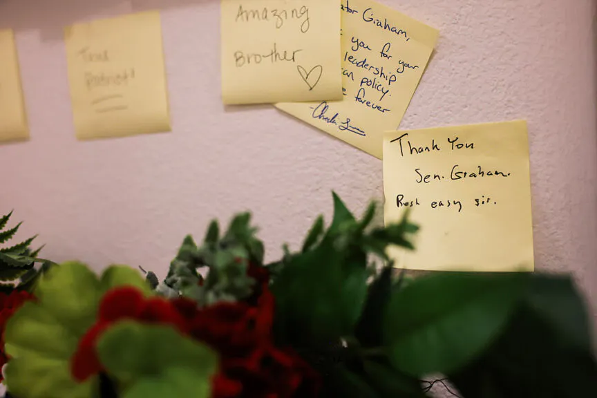 WASHINGTON, DC - JULY 13: Sticky notes are left near the office entrance for the late U.S. Sen. Lindsey Graham (R-SC) in the Russell Senate Office Building on July 13, 2026 in Washington, DC. Graham passed away suddenly over the weekend at age 71 after serving South Carolina in Congress for 31 years, including eight years in the House and 23 years in the Senate. Photo by Anna Moneymaker/Getty Images)