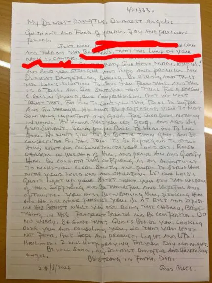 Letter from Jimmy Lai to his daughter, Claire Lai. Photo courtesy of Claire Lai.