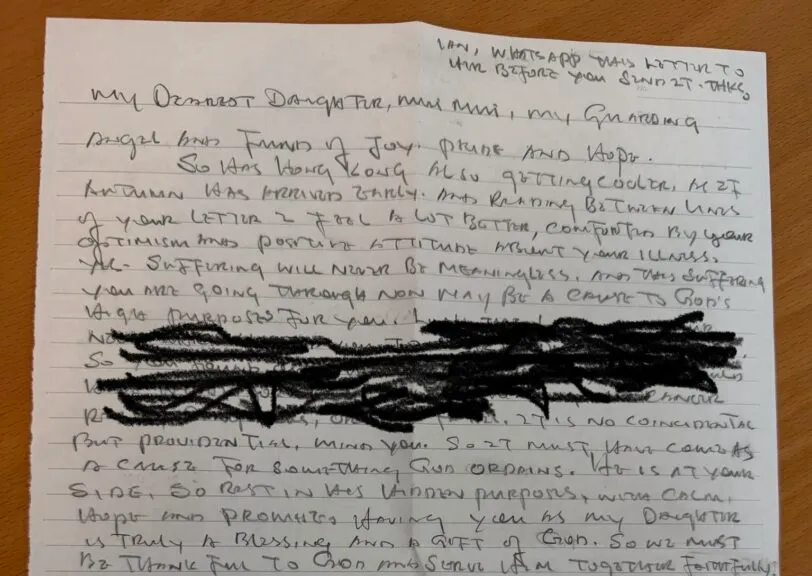 Letter from Jimmy Lai to his daughter, Claire Lai. Photo courtesy of Claire Lai.