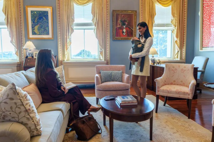 Usha Vance holds baby Alec Vance as she speaks with The Daily Wire's Mary Margaret Olohan. Photo credit: White House Photo Office.