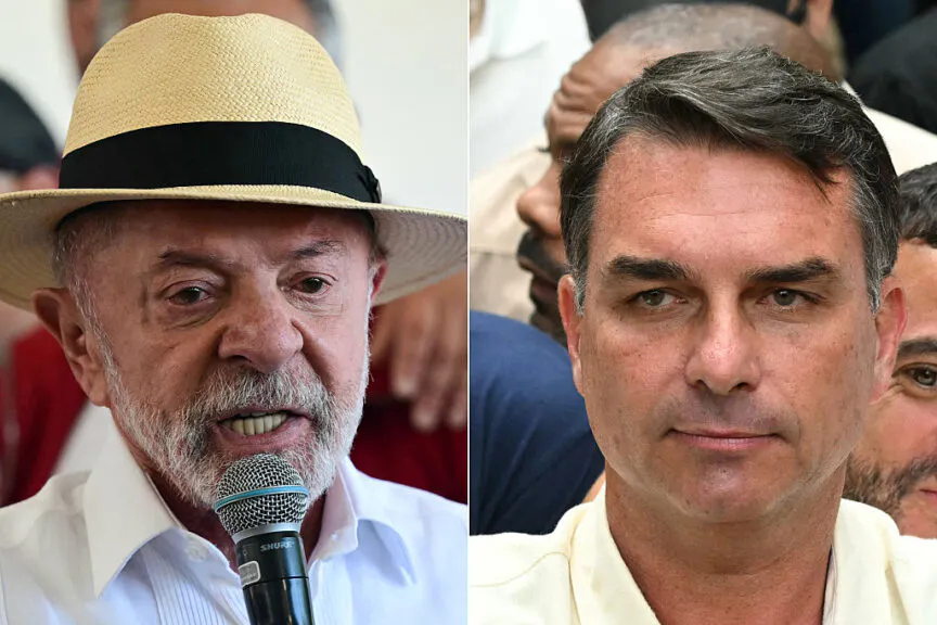 This combination of pictures created on October 4, 2026, shows Brazil's President and re-election candidate for the Workers' Party (PT) Luiz Inacio Lula da Silva (R) speaks to the media after casting his vote during the presidential election at a polling station in Sao Bernardo do Campo, state of Sao Paulo, Brazil, on October 4, 2026; and Brazil's right-wing senator and presidential candidate for the Liberal Party (PL) Flavio Bolsonaro gives thumbs up in front of Rio de Janeiro gubernatorial candidate Douglas Ruas (C, back), as he leaves a polling station after voting during the presidential election in Rio de Janeiro, Brazil, on October 4, 2026. Polling stations closed in Brazil's first-round election on October 4, 2026, featuring a nail-biter presidential race between incumbent Luiz Inacio Lula da Silva and right-wing senator Flavio Bolsonaro.