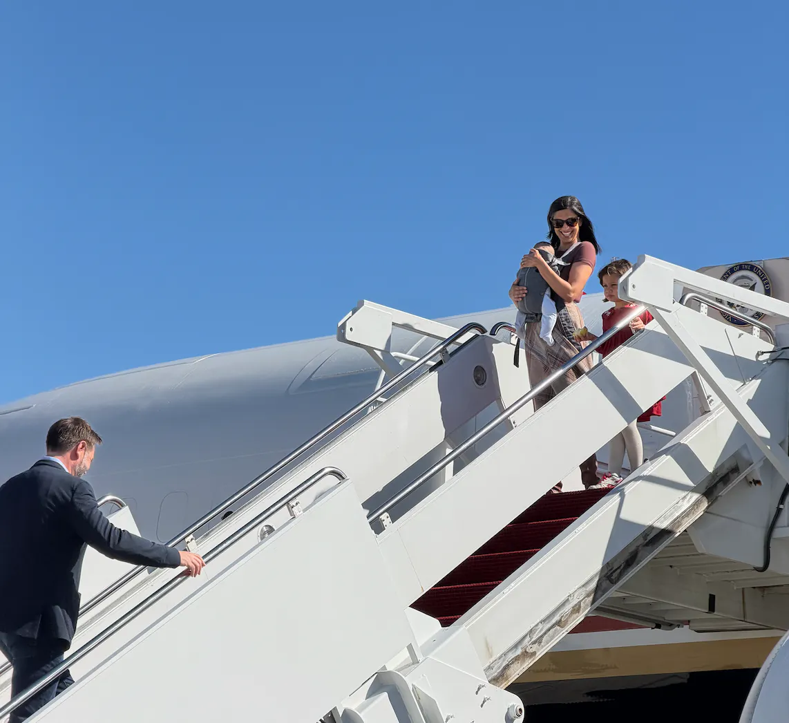 JD Vance boards Air Force Two as he heads to Alaska with his wife, Second Lady Usha Vance, his daughter Mirabel, and his son, baby Alec. Photo: Mary Margaret Olohan for The Daily Wire.